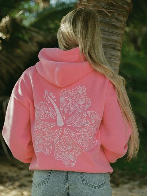 Pink Palm Puff "Hawaii Hibiscus" Hoodie in Sonic Pink High Quality